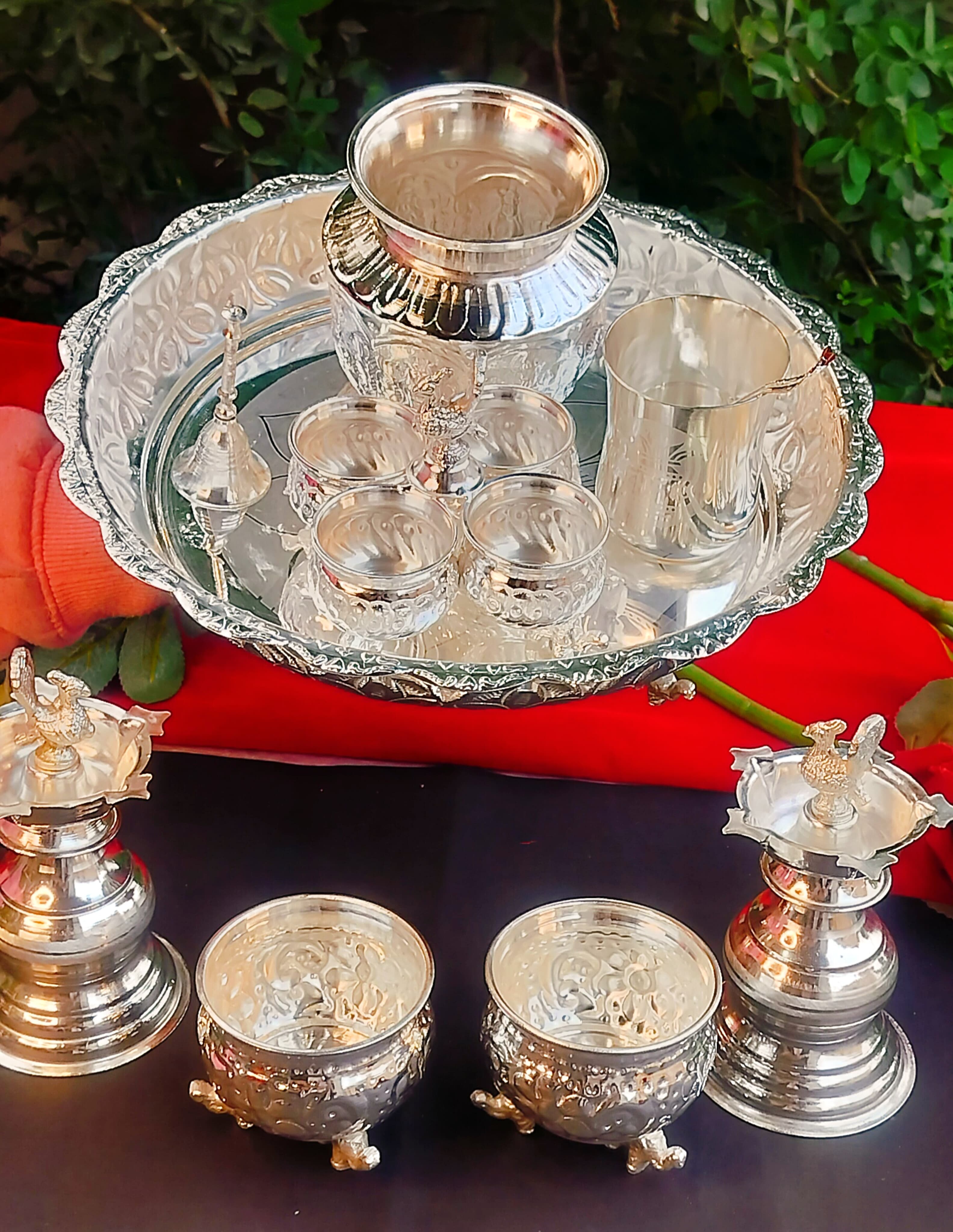 German Silver Combo Pooja thali Set of 9 Pieces Flower Tray Set